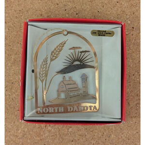 Vtg Nations Treasures Metal Ornament 24K Gold Plate North Dakota Farm Barn Wheat